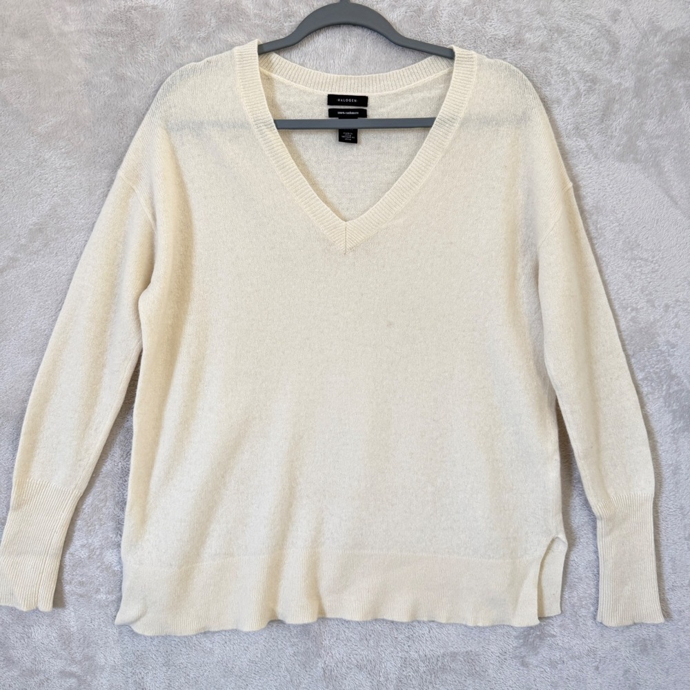 Halogen 100% Cashmere Ivory V Neck Sweater Womens S Side Slit Quiet Luxury Cozy
